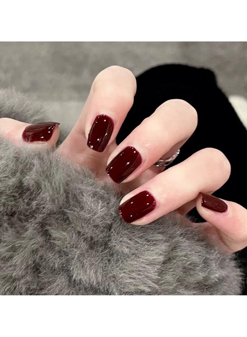 24-Piece Burgundy Fake Nails, Wearable False Nails, Short Style, Versatile, Removable, No Damage to Nails, Finished Nails - Image 2