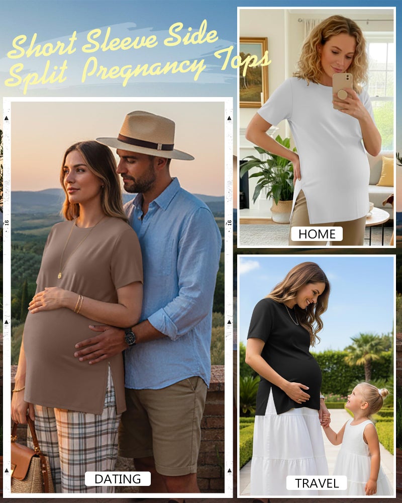 Ficerd 3 Pack Women's Maternity T Shirts, Short Sleeve Side Split Pregnancy Tops Casual Crew Neck Pregnant Tees Mama Clothes(Black, White, Coffee,Medium) - Image 3