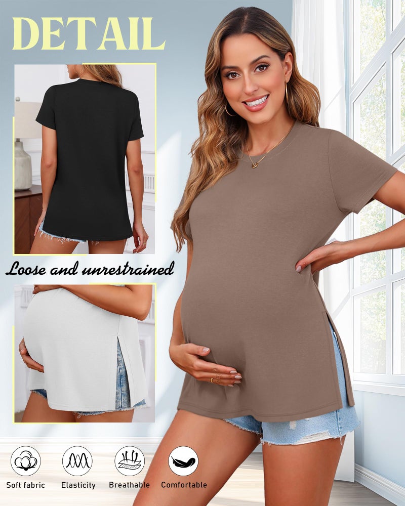 Ficerd 3 Pack Women's Maternity T Shirts, Short Sleeve Side Split Pregnancy Tops Casual Crew Neck Pregnant Tees Mama Clothes(Black, White, Coffee,Medium) - Image 5