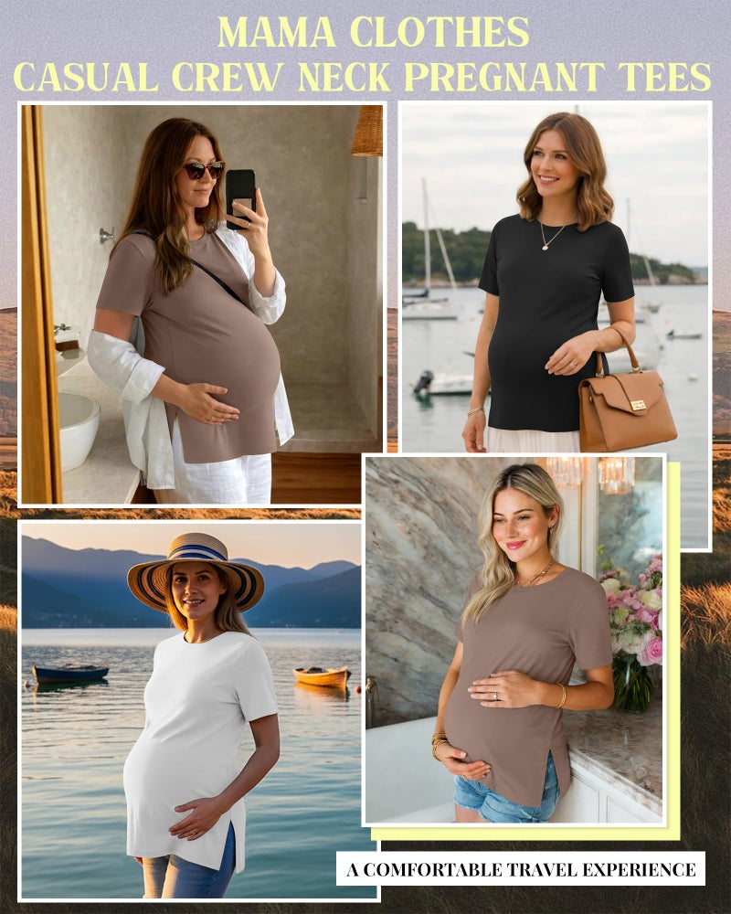 Ficerd 3 Pack Women's Maternity T Shirts, Short Sleeve Side Split Pregnancy Tops Casual Crew Neck Pregnant Tees Mama Clothes(Black, White, Coffee,Medium) - Image 4