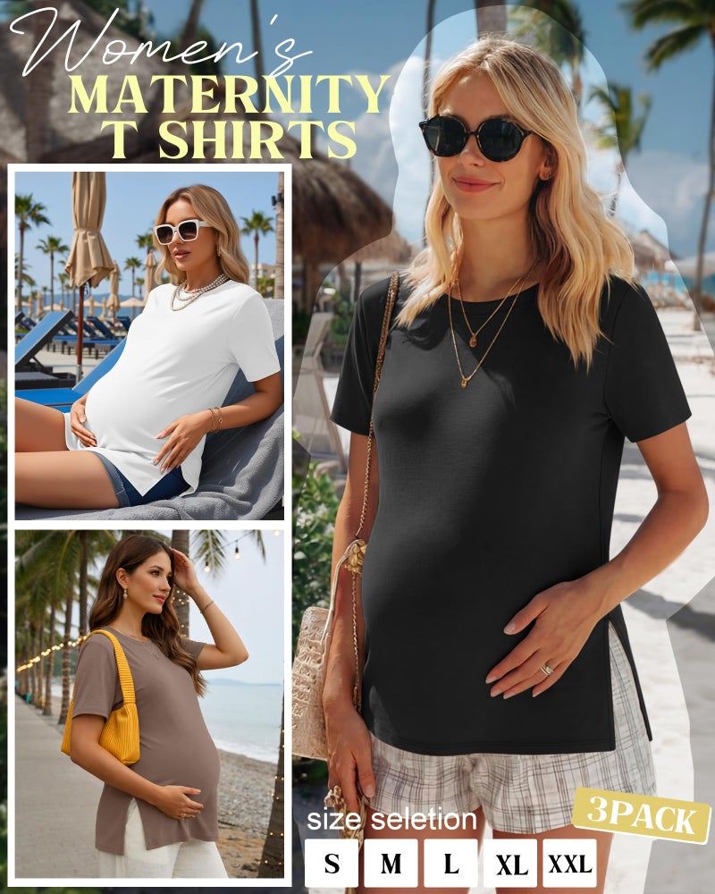 Ficerd 3 Pack Women's Maternity T Shirts, Short Sleeve Side Split Pregnancy Tops Casual Crew Neck Pregnant Tees Mama Clothes(Black, White, Coffee,Medium) - Image 2