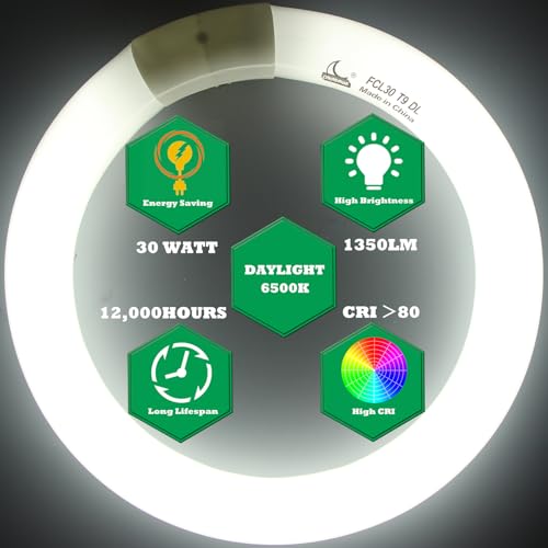 CHKADAWA FC9T9 9 inch Circline Light Bulbs T9 30W, FCL30 Circular Fluorescent Lamp Round 30 Watts Bulb Replacement for Ceiling Fan Fixture, Daylight DL 6500K, G10q 4 Pin Base, 2 Pack - Image 2