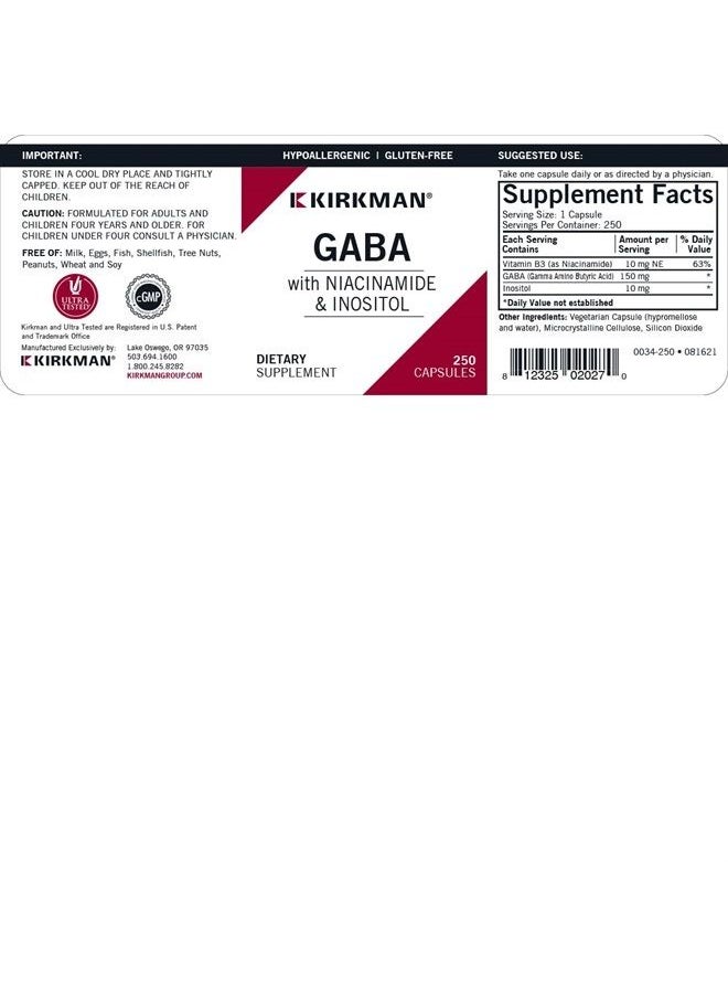 Kirkman - GABA with Niacinamide & Inositol - 250 Capsules - Supports Relaxation - Supports Restful Sleep - Hypoallergenic - Image 1