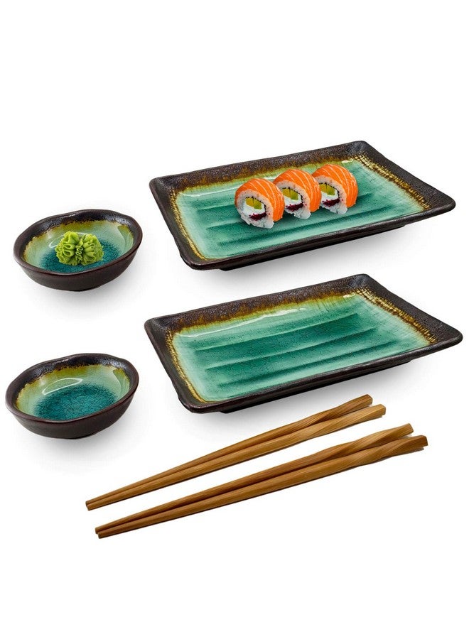 Happy Sales HSST-6CDTQDR 6 PC Japanese Sushi Plate Dinnerware Set Green Ocean, Turquoise - Image 1