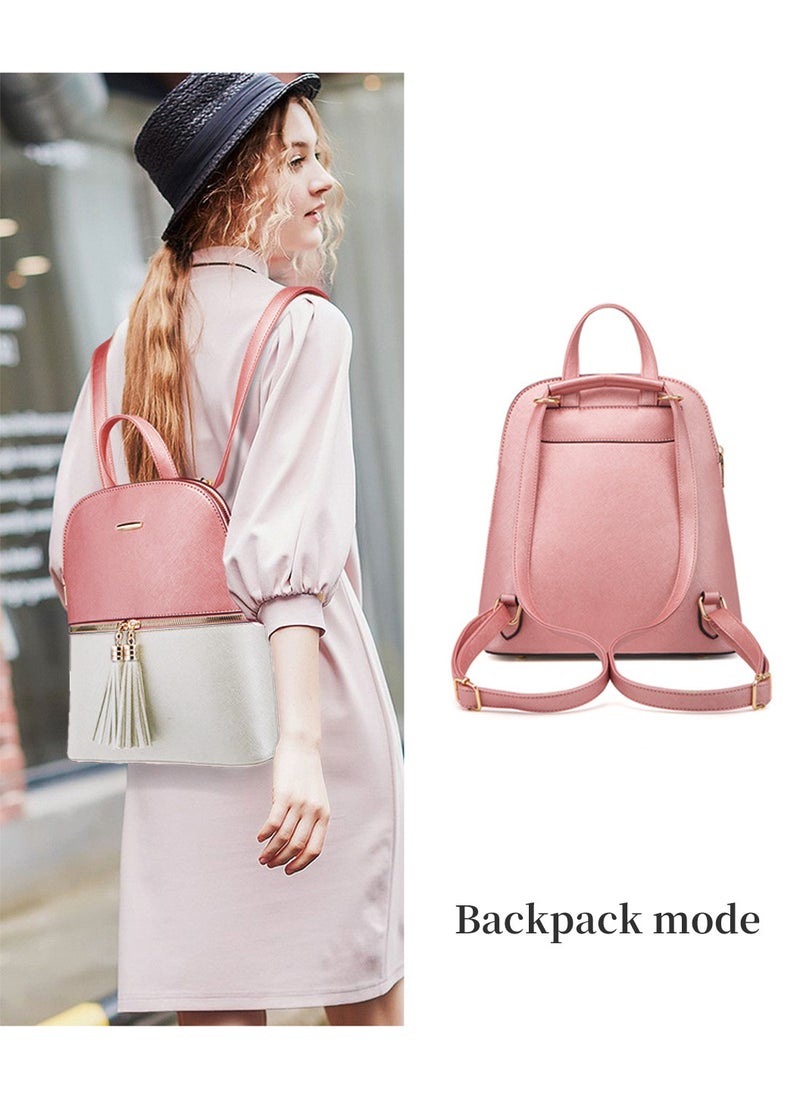 Moovant - 4 Pieces Travel Backpack Set for Women, Women's Bags Set, Fashion Shoulder Bag, Durable PU Leather Crossbody Bag, for Work, Travel, Commuting, Shopping, School, Pink/White - Image 1