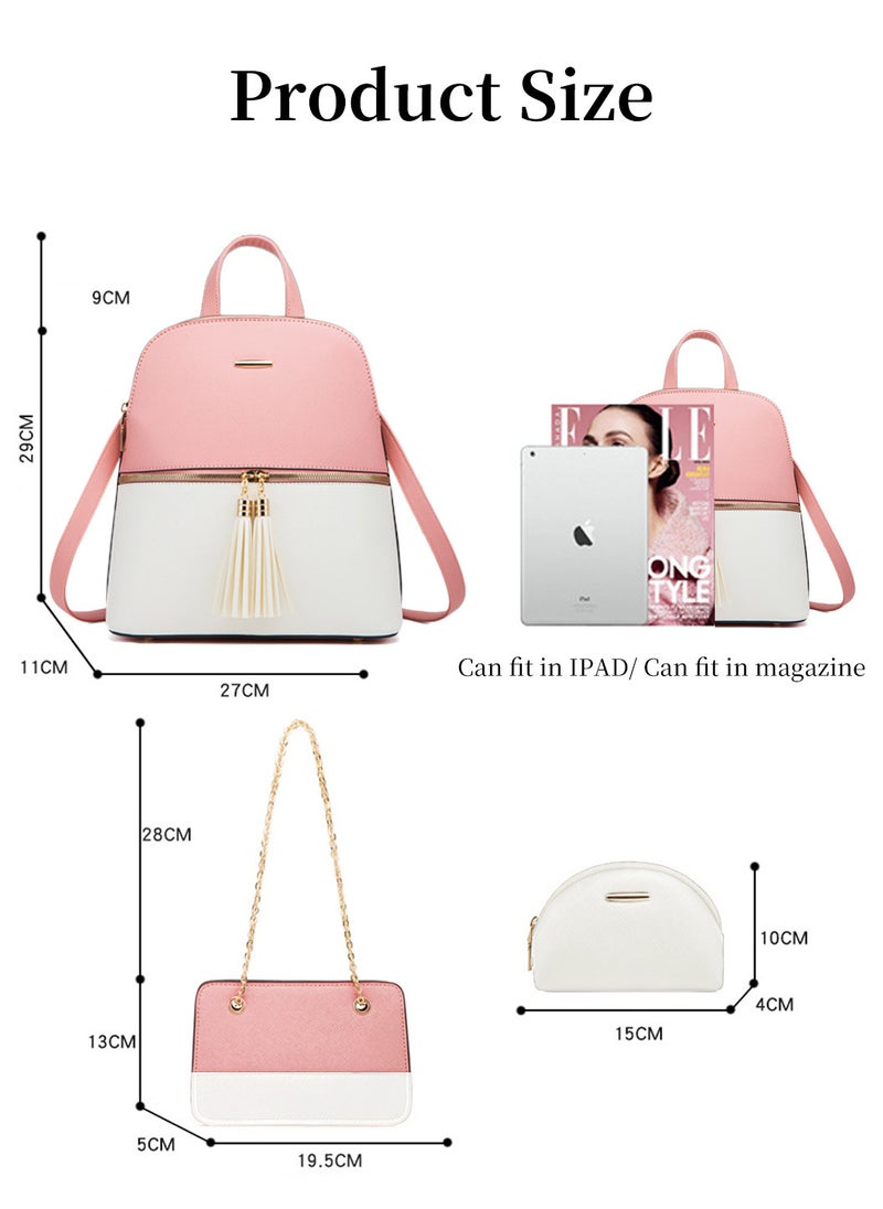 Moovant - 4 Pieces Travel Backpack Set for Women, Women's Bags Set, Fashion Shoulder Bag, Durable PU Leather Crossbody Bag, for Work, Travel, Commuting, Shopping, School, Pink/White - Image 1