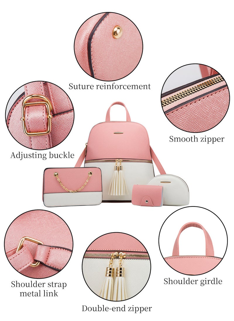 Moovant - 4 Pieces Travel Backpack Set for Women, Women's Bags Set, Fashion Shoulder Bag, Durable PU Leather Crossbody Bag, for Work, Travel, Commuting, Shopping, School, Pink/White - Image 1