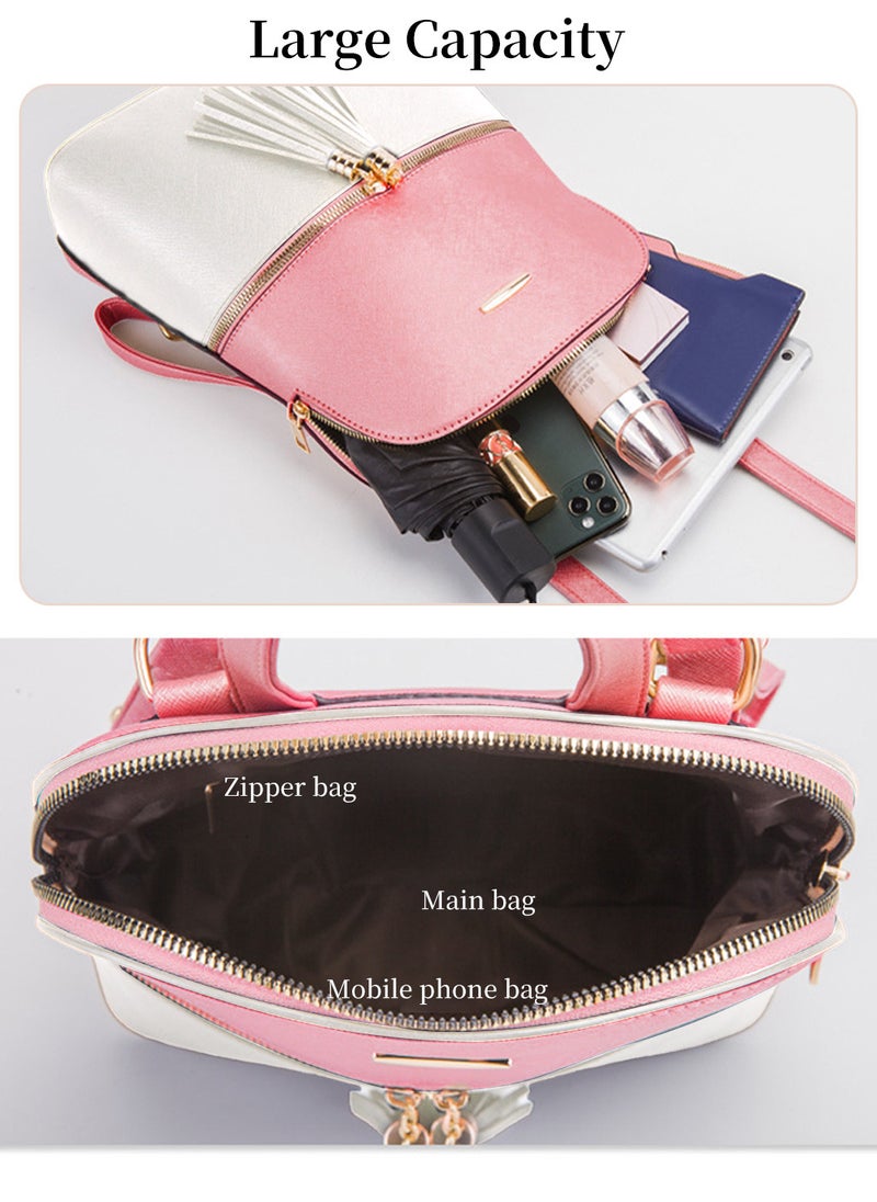 Moovant - 4 Pieces Travel Backpack Set for Women, Women's Bags Set, Fashion Shoulder Bag, Durable PU Leather Crossbody Bag, for Work, Travel, Commuting, Shopping, School, Pink/White - Image 1