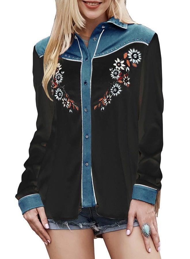 John Moon Women's Embroidered Western Long Sleeve Buttons Down Shirts Fringed Retro Cowgirl Blouses Shirts Black - Image 4