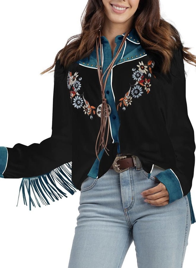 John Moon Women's Embroidered Western Long Sleeve Buttons Down Shirts Fringed Retro Cowgirl Blouses Shirts Black - Image 1