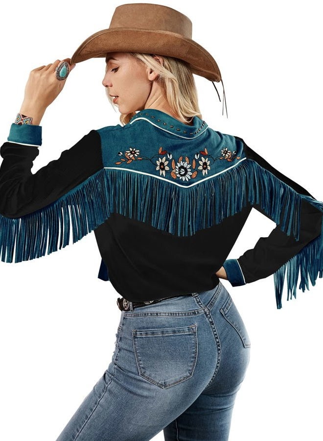 John Moon Women's Embroidered Western Long Sleeve Buttons Down Shirts Fringed Retro Cowgirl Blouses Shirts Black - Image 2