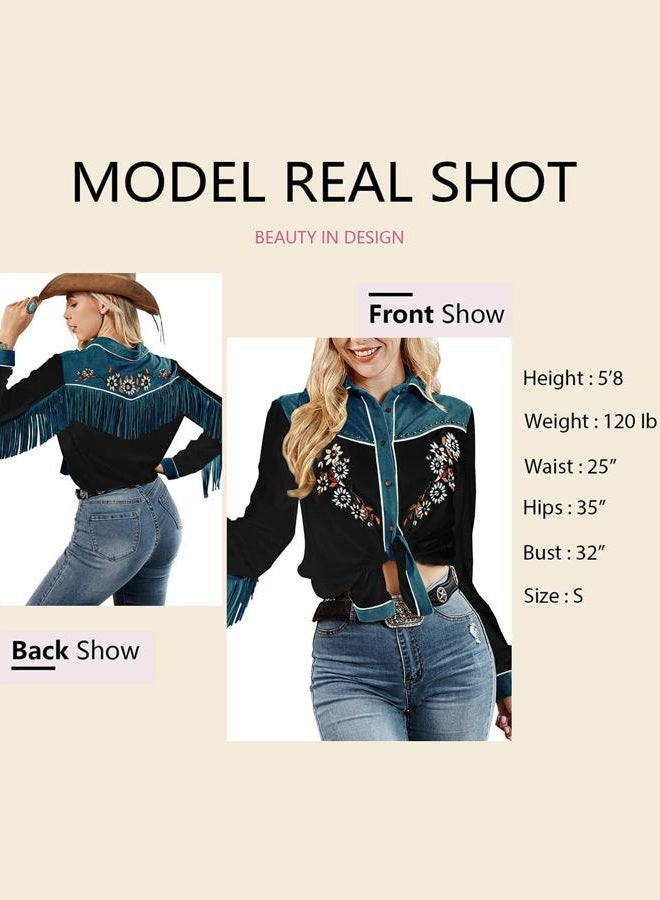John Moon Women's Embroidered Western Long Sleeve Buttons Down Shirts Fringed Retro Cowgirl Blouses Shirts Black - Image 5