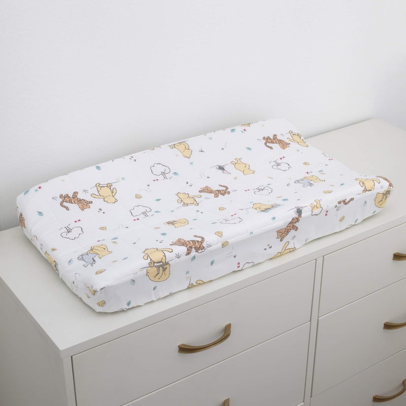 Disney Winnie The Pooh Classic Pooh 100% Cotton Quilted Changing Pad Cover, Ivory/Butter/Aqua/Orange - Image 2