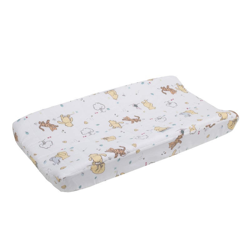 Disney Winnie The Pooh Classic Pooh 100% Cotton Quilted Changing Pad Cover, Ivory/Butter/Aqua/Orange - Image 1