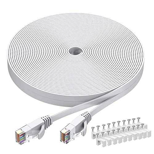 BUSOHE Cat6 Ethernet Cable 75 FT White, Cat-6 Flat RJ45 Computer Internet LAN Network Ethernet Patch Cable Cord, Faster Than Cat5e/Cat5, RJ45 LAN Wire with Clips - 75 Feet - Image 1