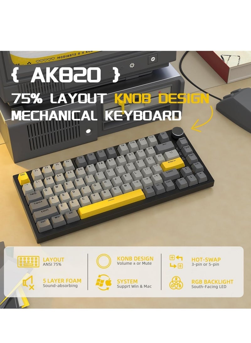 إيه جاز لوحة مفاتيح الألعاب الميكانيكية السلكية AJAZZ AK820 بنسبة 75% TKL - مفتاح أصفر | مقبض وسائط، إضاءة LED متجهة للأسفل، تركيب جاسكيت بخمس طبقات من رغوة امتصاص الضوضاء، مفاتيح PBT، دعم NKRO، مفاتيح Moon الخطية لـ PC/Win/Mac - Image 2