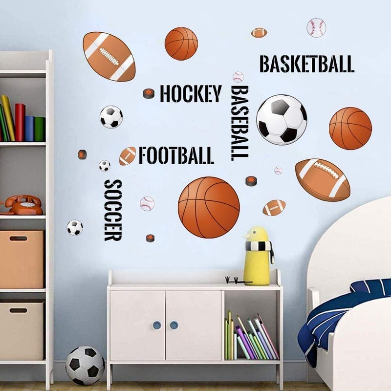 Supzone Sport Balls Wall Stickers Boys Wall Decals Basketball Soccer Baseball Football Hockey Wall Decor Boys Playroom Bedroom Classroom Living Room - Image 1