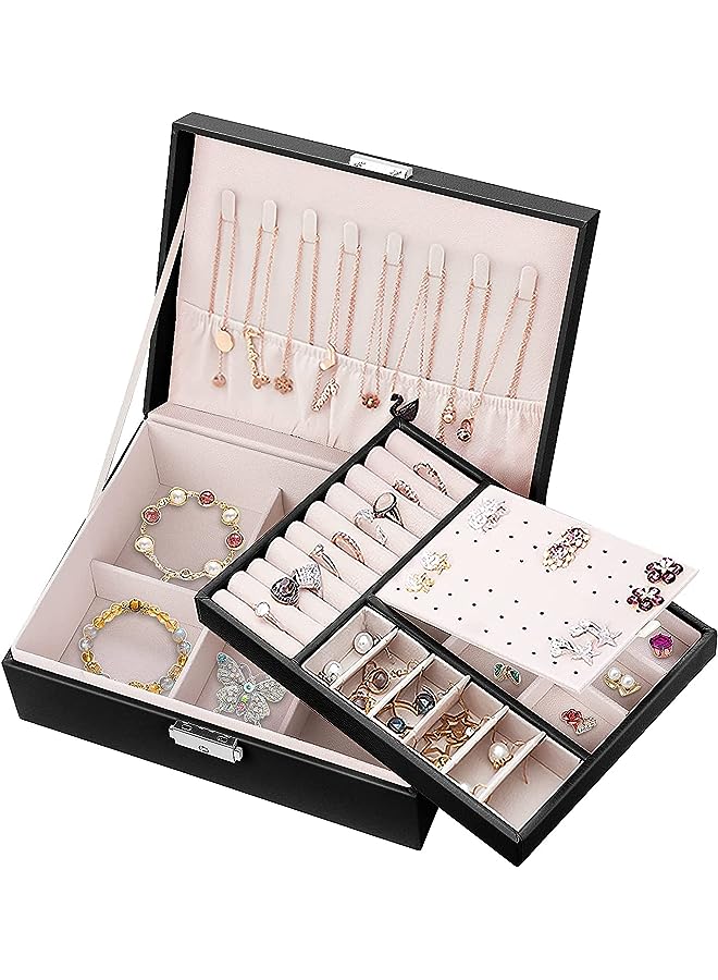 PROMASS Makeup Case Jewelry Box for Women Girls, 2-Layer Lockable PU Leather Jewelry Organizer Storage Case for Necklace Earrings Bracelets Rings (Black) - Image 1