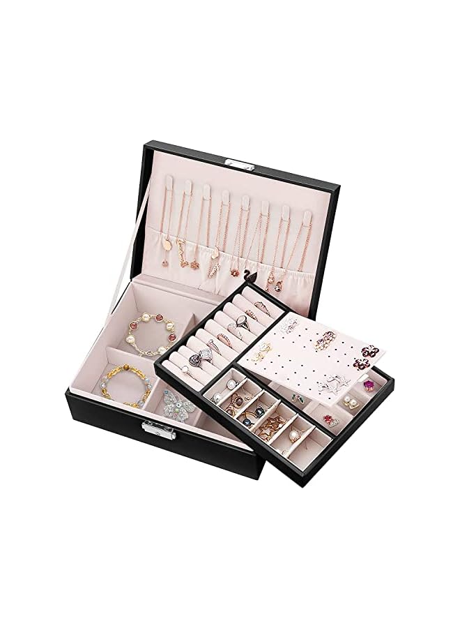 PROMASS Makeup Case Jewelry Box for Women Girls, 2-Layer Lockable PU Leather Jewelry Organizer Storage Case for Necklace Earrings Bracelets Rings (Black) - Image 2