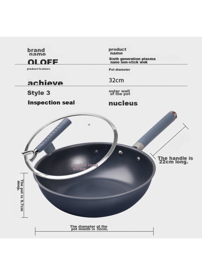 Olofe 0 Coating Non-stick Titanium Wok, Flat Bottom, Low Blue Diamond Antibacterial Ion Titanium Frying Pan, Gas Stove Compatible, 32cm - Image 2