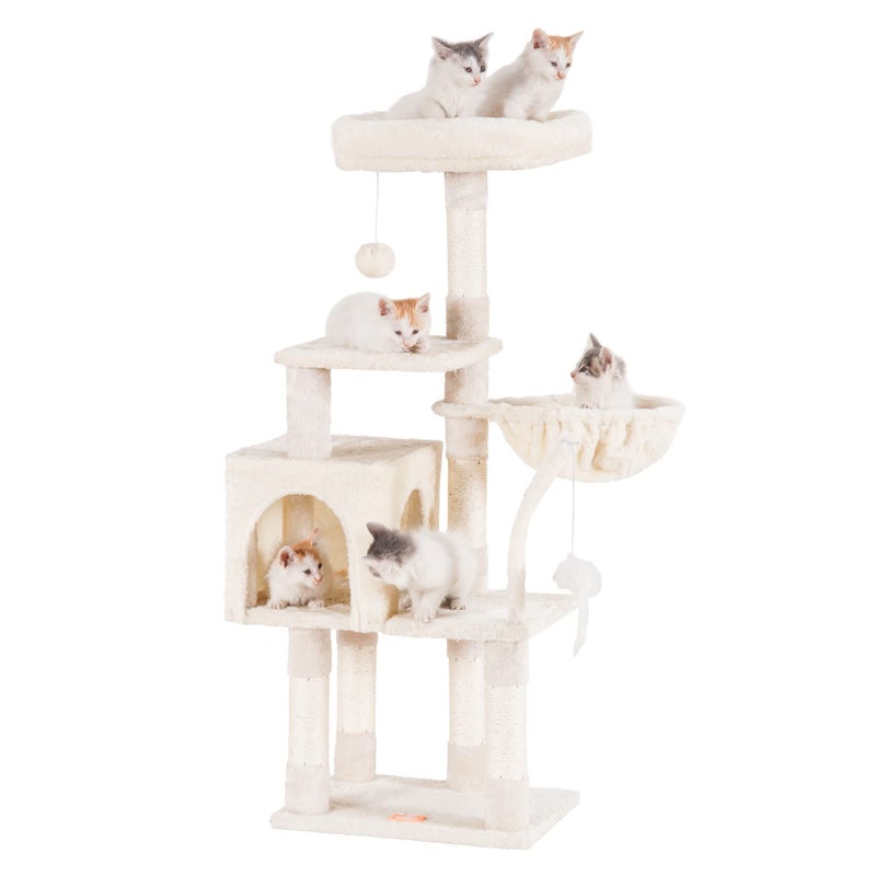 Heybly Cat Tree with Toy Cat Tower Condo for Indoor Cats Cat House with Padded Plush Perch Cozy Hammock and Sisal Scratching Posts Beige HCT004SM