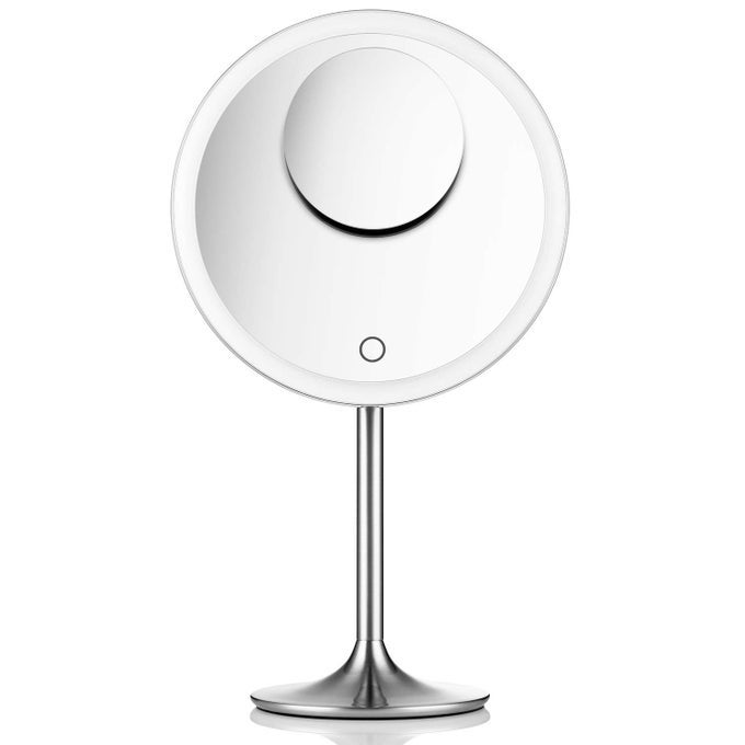 9 LIGHTED MAKEUP MIRROR PRO 5X 10X MAGNIFICATION ULTRA BRIGHT HD LIGHTING SYSTEM RECHARGEABLE CORDLESS ADJUSTABLE BRIGHTNESS TOUCH ACTIVATED BRUSH STAINLESS STEEL