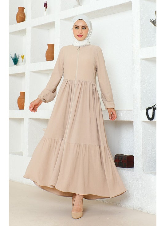 Bürümcük Fabric Shirred Zippered Abaya 1018-02 Mink
