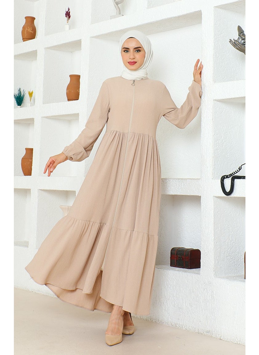 Bürümcük Fabric Shirred Zippered Abaya 1018-02 Mink