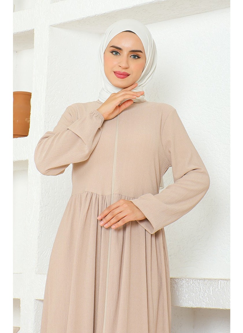 Bürümcük Fabric Shirred Zippered Abaya 1018-02 Mink