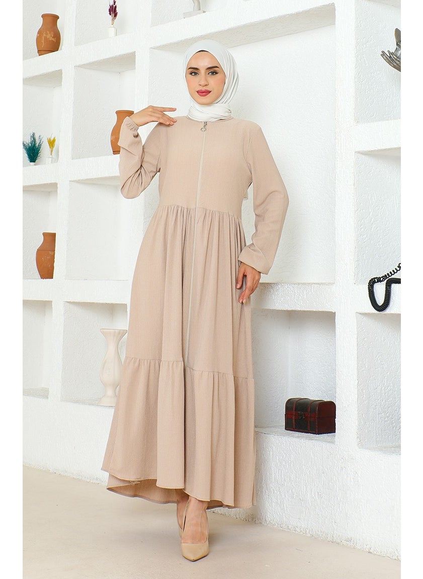 Bürümcük Fabric Shirred Zippered Abaya 1018-02 Mink
