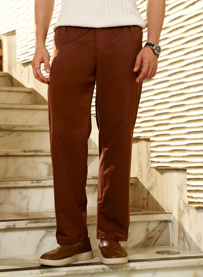 Campus Sutra Campus Sutra Men's Chocolate Brown Pleated Tailored Trousers | Mid-Rise , Straight Hem , Button Closure | Solid Plain | Polyester Blend Trousers For Formal & Office Wear