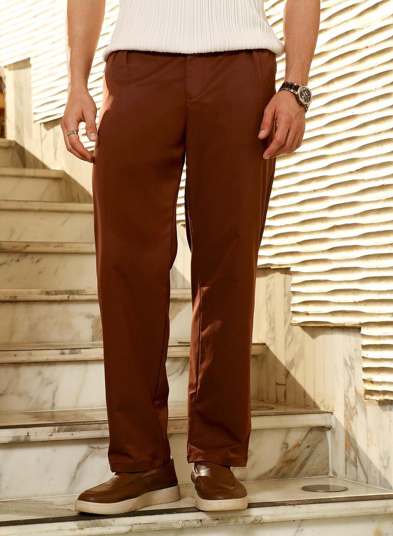 Campus Sutra Campus Sutra Men's Chocolate Brown Pleated Tailored Trousers | Mid-Rise , Straight Hem , Button Closure | Solid Plain | Polyester Blend Trousers For Formal & Office Wear  - Image 2