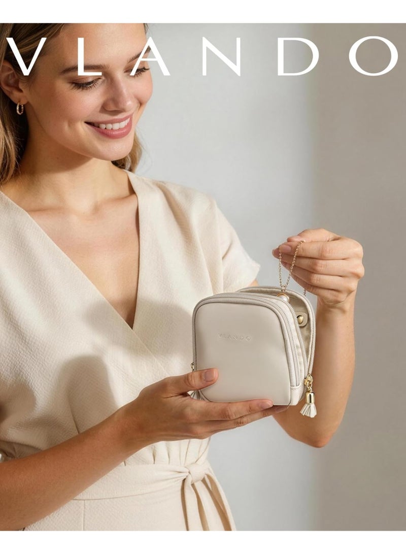 Travel Jewelry Case,2-Layer Jewelry Organizer for Travel, Multi-Compartment Jewelry Storage for Rings Earrings Necklaces Bracelets, Portable Jewelry Travel Box-Cream White - Image 2
