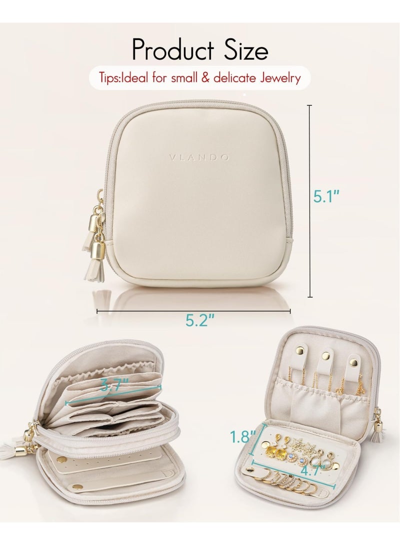 Travel Jewelry Case,2-Layer Jewelry Organizer for Travel, Multi-Compartment Jewelry Storage for Rings Earrings Necklaces Bracelets, Portable Jewelry Travel Box-Cream White - Image 3