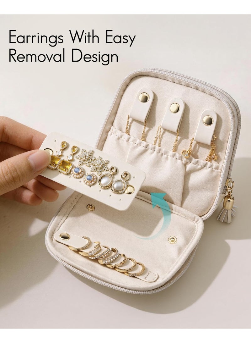 Travel Jewelry Case,2-Layer Jewelry Organizer for Travel, Multi-Compartment Jewelry Storage for Rings Earrings Necklaces Bracelets, Portable Jewelry Travel Box-Cream White - Image 4
