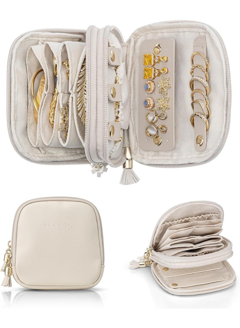 Travel Jewelry Case,2-Layer Jewelry Organizer for Travel, Multi-Compartment Jewelry Storage for Rings Earrings Necklaces Bracelets, Portable Jewelry Travel Box-Cream White - Image 1