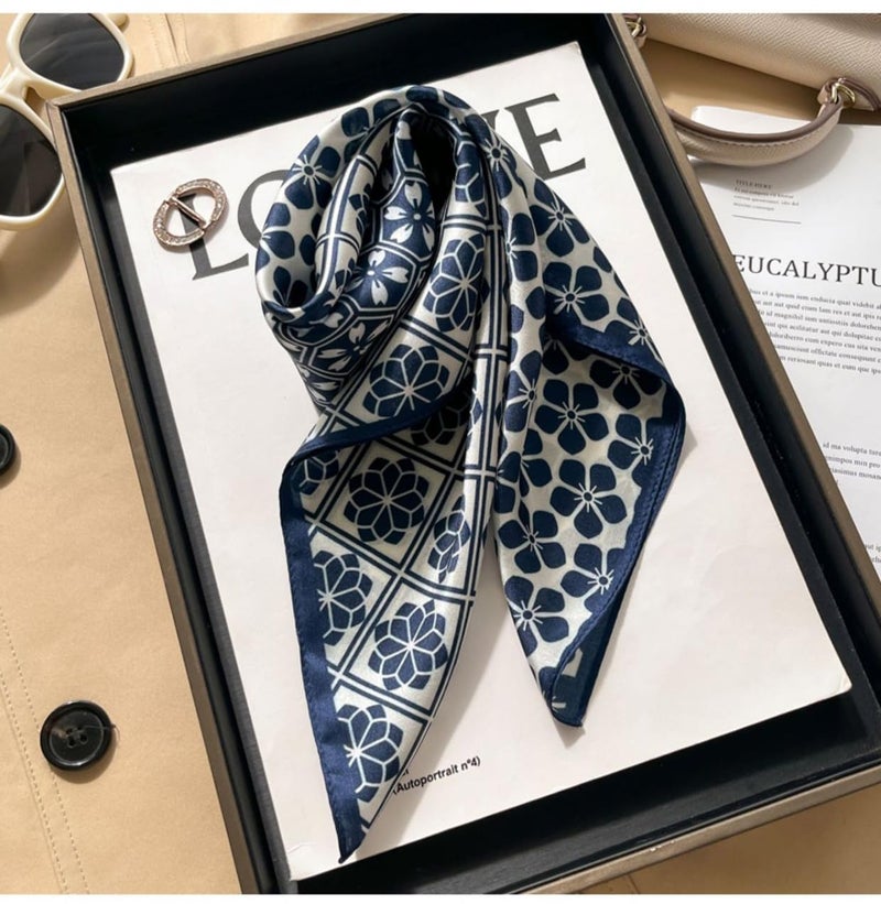 MEISEE Mulberry Silk Scarfs Women Small Square Scarf 21" x 21" Breathable Lightweight Neckerchief Headscarf (Blue and White Patterns) - Image 2