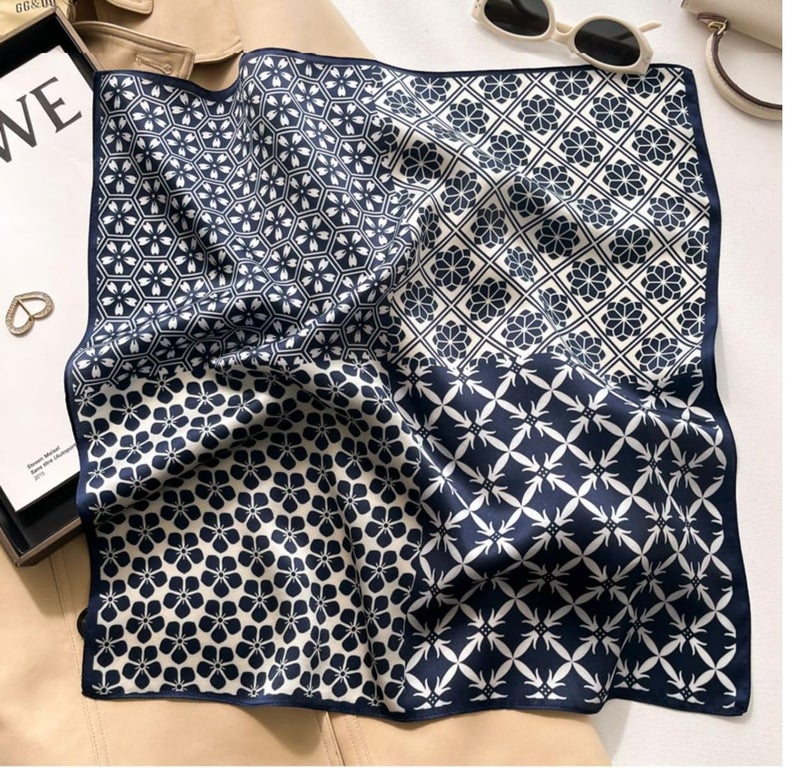 MEISEE Mulberry Silk Scarfs Women Small Square Scarf 21" x 21" Breathable Lightweight Neckerchief Headscarf (Blue and White Patterns) - Image 5