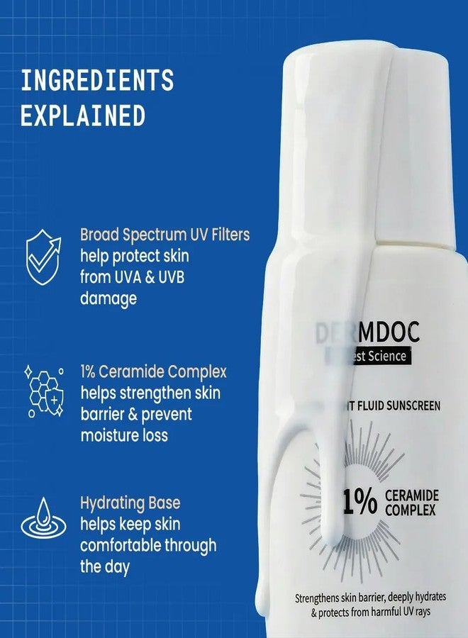 DERMDOC SPF 50 1% Ceramide Complex Water Light Fluid Sunscreen (50 gm) | PA++++ | Sunblock | Lightweight | Non-Sticky I No White Cast | Non-Comedogenic | Suitable for Dry Skin - Image 2