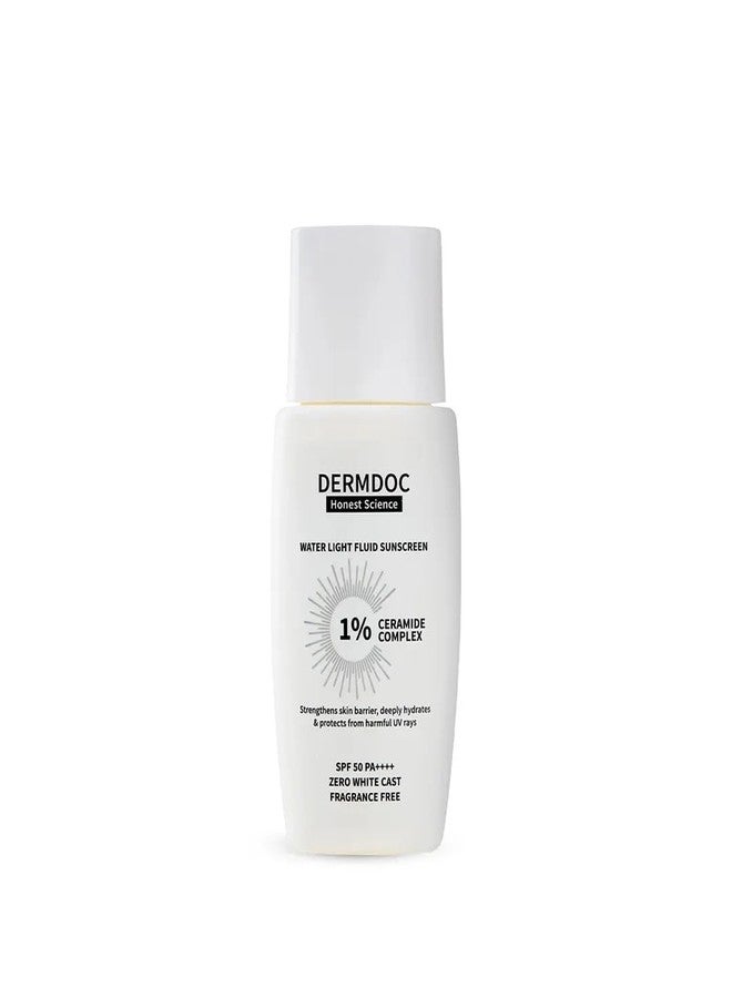 DERMDOC SPF 50 1% Ceramide Complex Water Light Fluid Sunscreen (50 gm) | PA++++ | Sunblock | Lightweight | Non-Sticky I No White Cast | Non-Comedogenic | Suitable for Dry Skin - Image 1