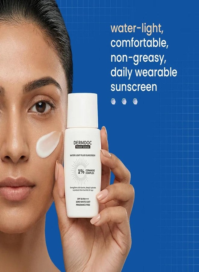 DERMDOC SPF 50 1% Ceramide Complex Water Light Fluid Sunscreen (50 gm) | PA++++ | Sunblock | Lightweight | Non-Sticky I No White Cast | Non-Comedogenic | Suitable for Dry Skin - Image 3
