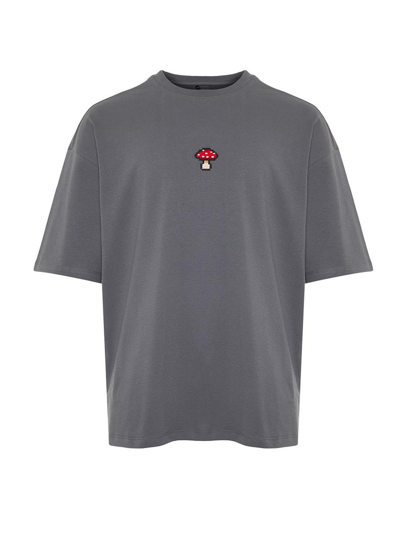 trendyol Anthracite Oversized / Wide Cut Mushroom Embroidered 100% T-Shirt Tmnss24Ts00070 - Image 5