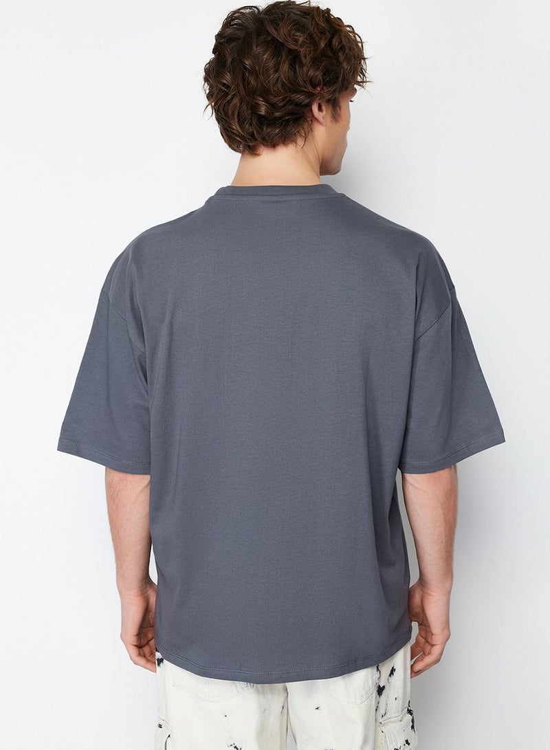 trendyol Anthracite Oversized / Wide Cut Mushroom Embroidered 100% T-Shirt Tmnss24Ts00070 - Image 2