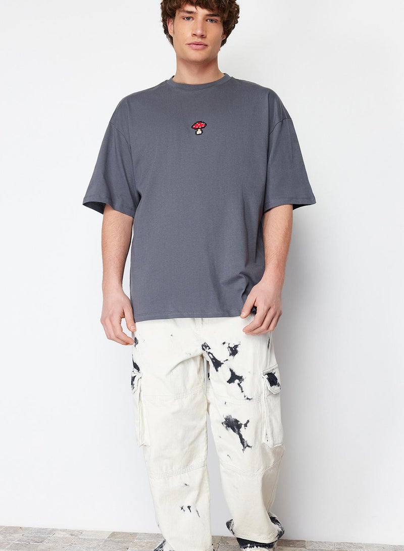 trendyol Anthracite Oversized / Wide Cut Mushroom Embroidered 100% T-Shirt Tmnss24Ts00070 - Image 3