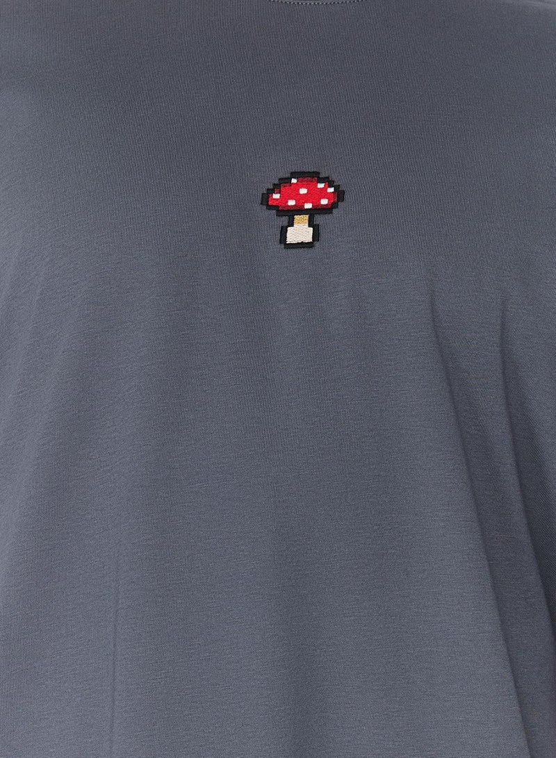 trendyol Anthracite Oversized / Wide Cut Mushroom Embroidered 100% T-Shirt Tmnss24Ts00070 - Image 4