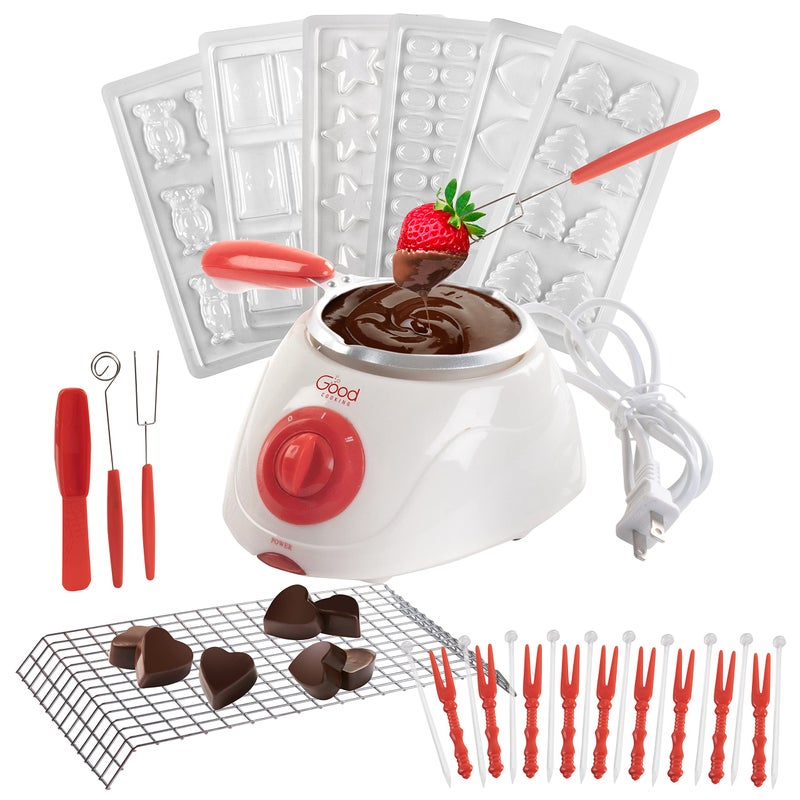 Good Cooking Electric Chocolate Melting Pot Gift Set Candy Making or Fondue Fountain Kit w 30 Accessories 7 Chocolate Mold Trays  Dipping Forks Recipe BookAppetizers Desserts Fathers Day Gift 