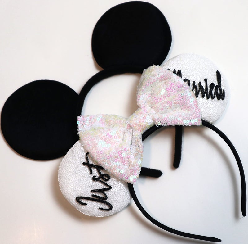 CLGIFT Mickey and Minnie Ears Headband Set Bride and Groom Wedding Mickey Ears Black and White
