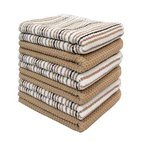 Bumble Towels Kitchen Towels 16”x 26” - 6 Pack | Large Cotton Dish Towels | Popcorn Stripe Design | 430 GSM Highly Absorbent with Hanging Loop | Tan - Image 3