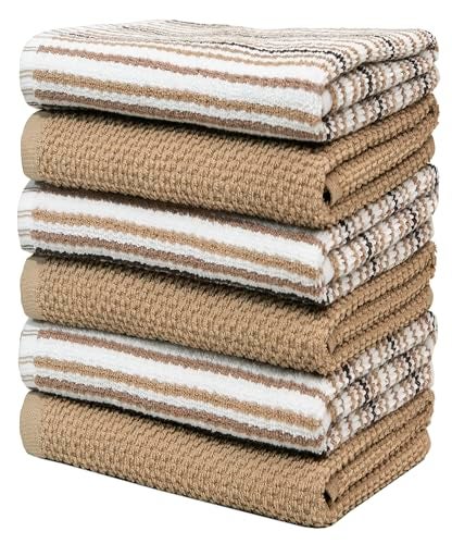 Bumble Towels Kitchen Towels 16”x 26” - 6 Pack | Large Cotton Dish Towels | Popcorn Stripe Design | 430 GSM Highly Absorbent with Hanging Loop | Tan - Image 4