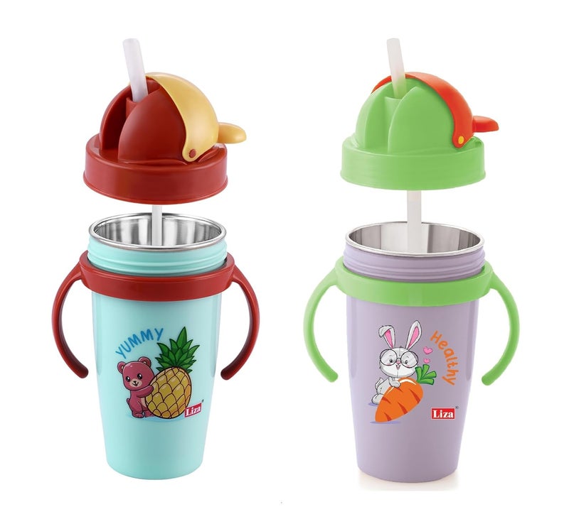 Nabhya زجاجة ماء للأطفال بتصميم حيوانات لطيف 360 مل من الفولاذ المقاوم للصدأ معزولة ساخنة وباردة خالية من BPA (أرجواني وأزرق - 2 قطعة) - Image 1